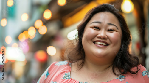 Happy Asian woman with overweight. Generative AI.