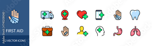 First aid icon set. Flat style. Vector icons