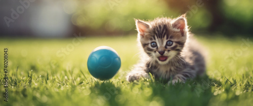 A kitten with a ball on the lawn