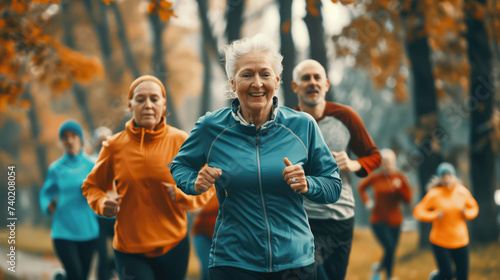 Group of mature people running. Senior people jogging. Generative AI. © Ladanifer