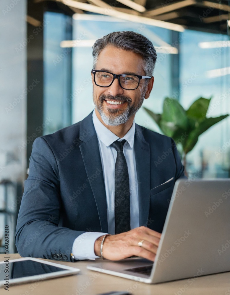 © Marko - Smiling mature adult business man executive sitting at desk using laptop. Happy busy professional mid aged businessman ceo manager working on computer corporate technology in office