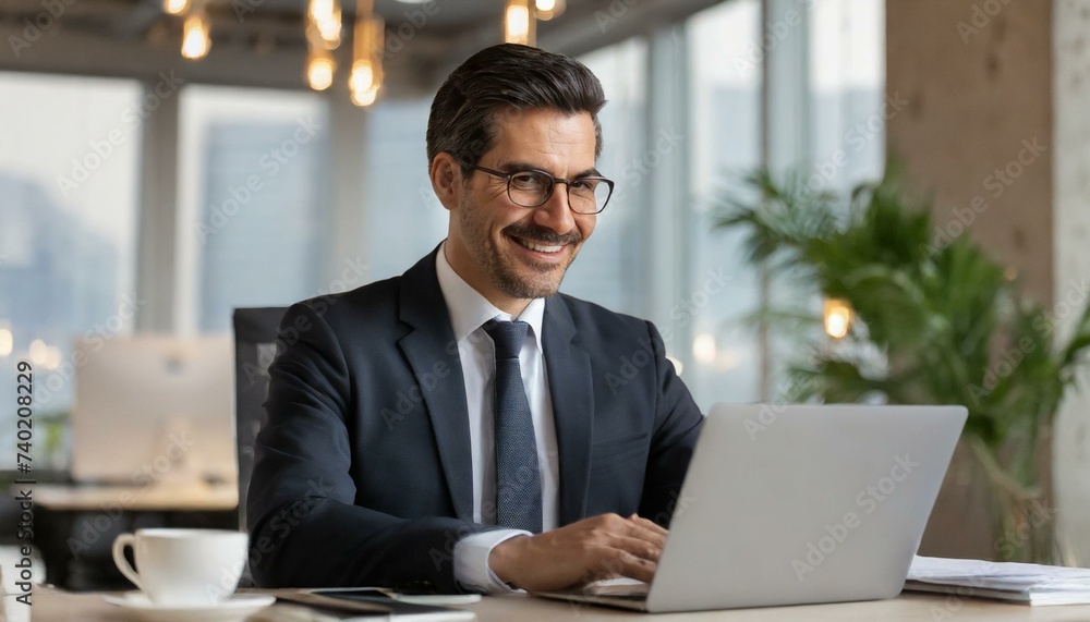 Smiling mature adult business man executive sitting at desk using laptop. Happy busy professional mid aged businessman ceo manager working on computer corporate technology in office Smiling mature adult business man executive sitting at desk using laptop. Happy busy professional mid aged businessman ceo manager working on computer corporate technology in office
