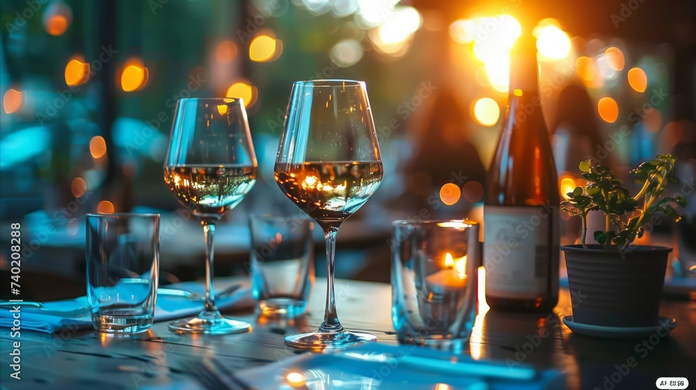 Elegant dinner table setting with wine at restaurant - obrazy, fototapety, plakaty 