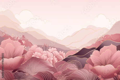 Mountain line art background, luxury Rose wallpaper design for cover, invitation background