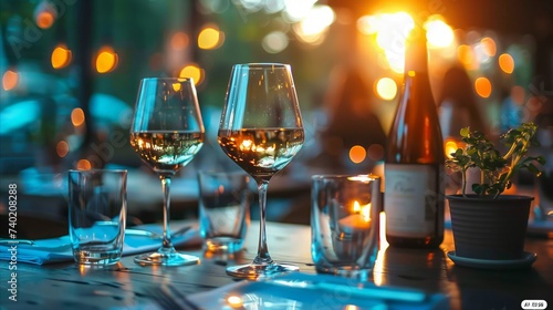 Elegant dinner table setting with wine at restaurant