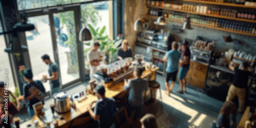 Фотография Blurred background of a busy coffee shop with patrons enjoying their drinks and baristas crafting coffee, creating a lively community space