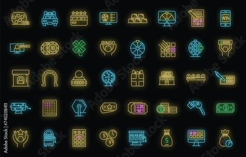 Lottery icons set. Outline set of lottery vector icons neon color on black