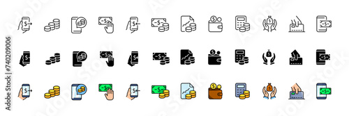 Payment icon collection. Payment icons. Linear, silhouette and flat style. Vector icons