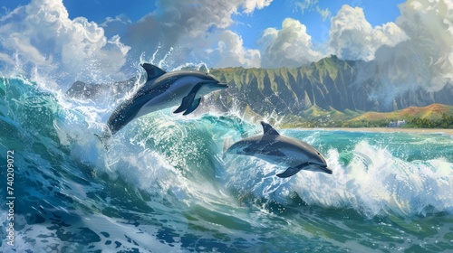 Playful dolphins jumping over breaking waves. Hawaii Pacific Ocean wildlife scenery. Marine animals in natural habitat © Artem
