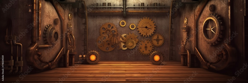 Room with gears and steampunk mechanisms background. Retro 3d empty room with clocks and chronometers in vintage futuristic victorian style with rusty walls and metal wheels - obrazy, fototapety, plakaty 