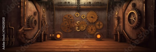 Room with gears and steampunk mechanisms background. Retro 3d empty room with clocks and chronometers in vintage futuristic victorian style with rusty walls and metal wheels