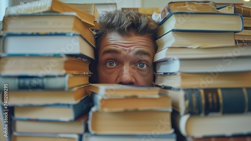 Man surrounded by stacks of books showing only his eyes
