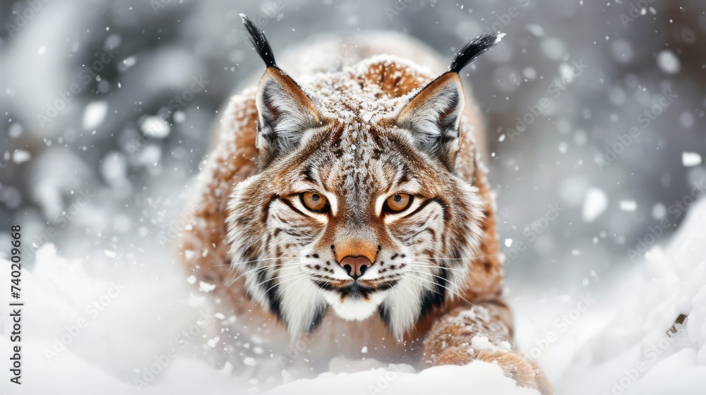 Fototapeta premium Snow nature. Lynx face walk. Winter wildlife in Europe. Lynx in the snow, snowy forest in February. Wildlife scene from nature, Slovakia. Winter wildlife in Europe