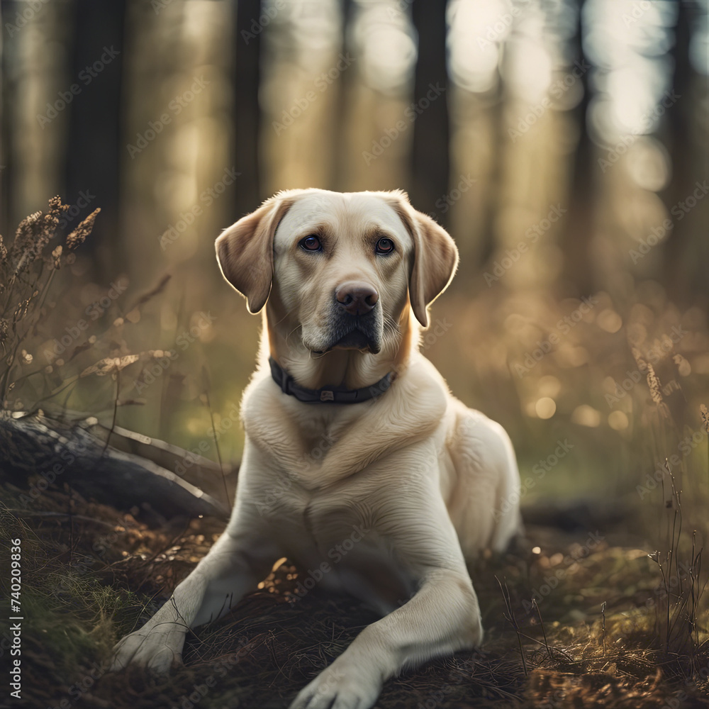 Portrait of a walking Labrador dog in the park.