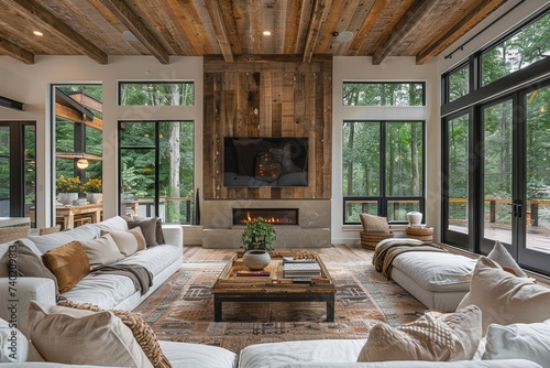 A cozy living room with a warm fireplace, inviting couches, and natural light streaming in through the large windows