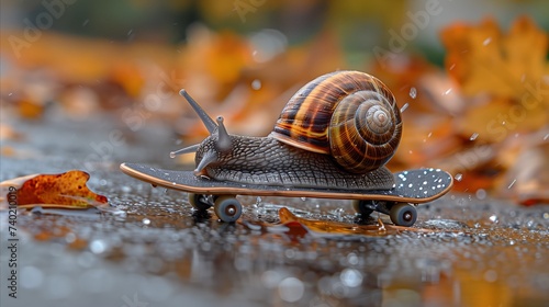 Adventurous snail skateboarding down a wet autumn path