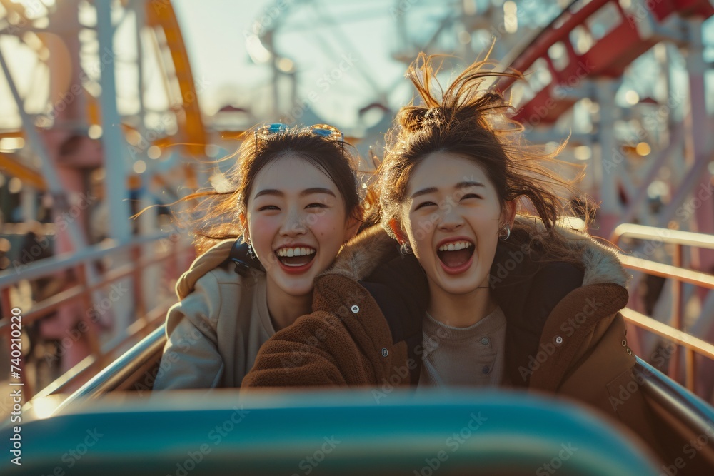Two women share a joyful ride on the roller coaster, their faces beaming with excitement as they embrace the rush of the amusement park experience Two women share a joyful ride on the roller coaster, their faces beaming with excitement as they embrace the rush of the amusement park experience