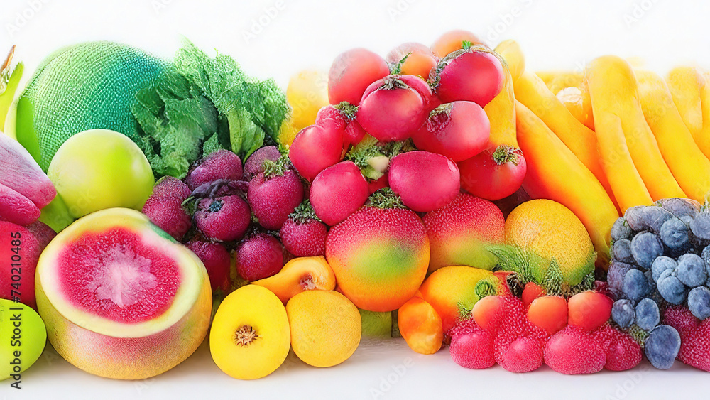 Healthy Top view different vegetables with fruits on a white background diet salad health ripe color