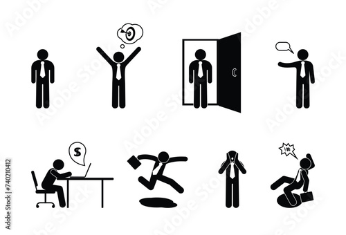 businessman icon, business symbol set, making money, man in office at work, stick figure human silhouette