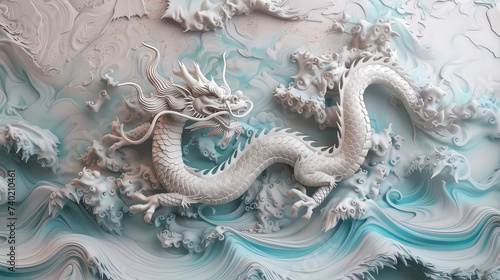 3D illustration of white chinese dragon wall.