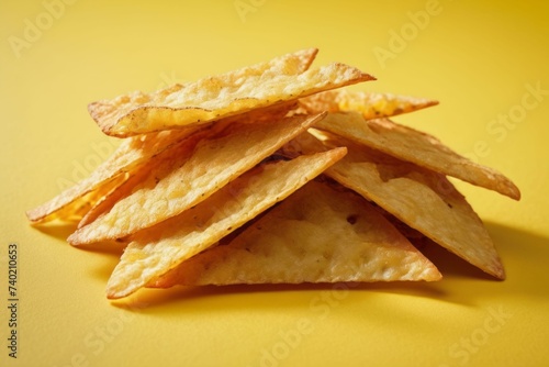 Golden Crispy Potato Chips Pile on Yellow Background