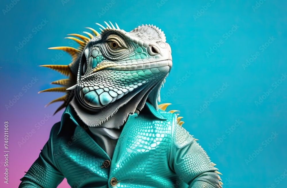 Stylish portrait of glamour dressed up iguana. Creative portrait of domestic animal on bright background. Stylish portrait of glamour dressed up iguana. Creative portrait of domestic animal on bright background.