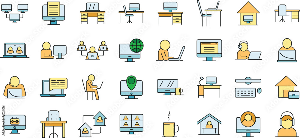 Home office icons set. Outline set of home office vector icons thin line color flat on white Home office icons set. Outline set of home office vector icons thin line color flat on white