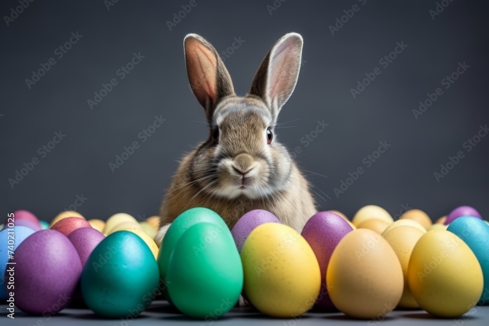 Easter bunny and colored eggs, Happy Easter, spring, flowers, pink pastel colors