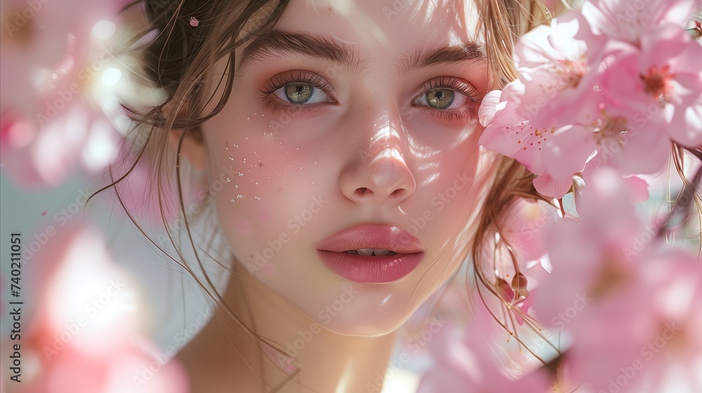 Woman With Blue Eyes and Pink Flowers in Hair Woman With Blue Eyes and Pink Flowers in Hair