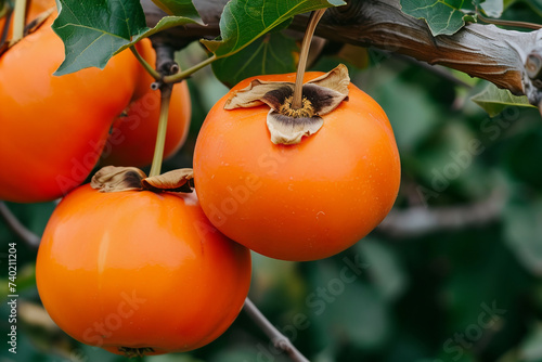 An orange persimmon hangs on a tree branch in the garden. photo