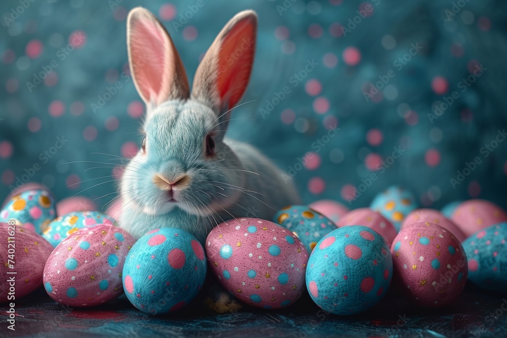 Happy Easter Eggs tulip season. Bunny hopping in flower secondary colors decoration. Adorable hare 3d space for shapes rabbit illustration. Holy week Volunteer work card Sky blue Happy Easter Eggs tulip season. Bunny hopping in flower secondary colors decoration. Adorable hare 3d space for shapes rabbit illustration. Holy week Volunteer work card Sky blue