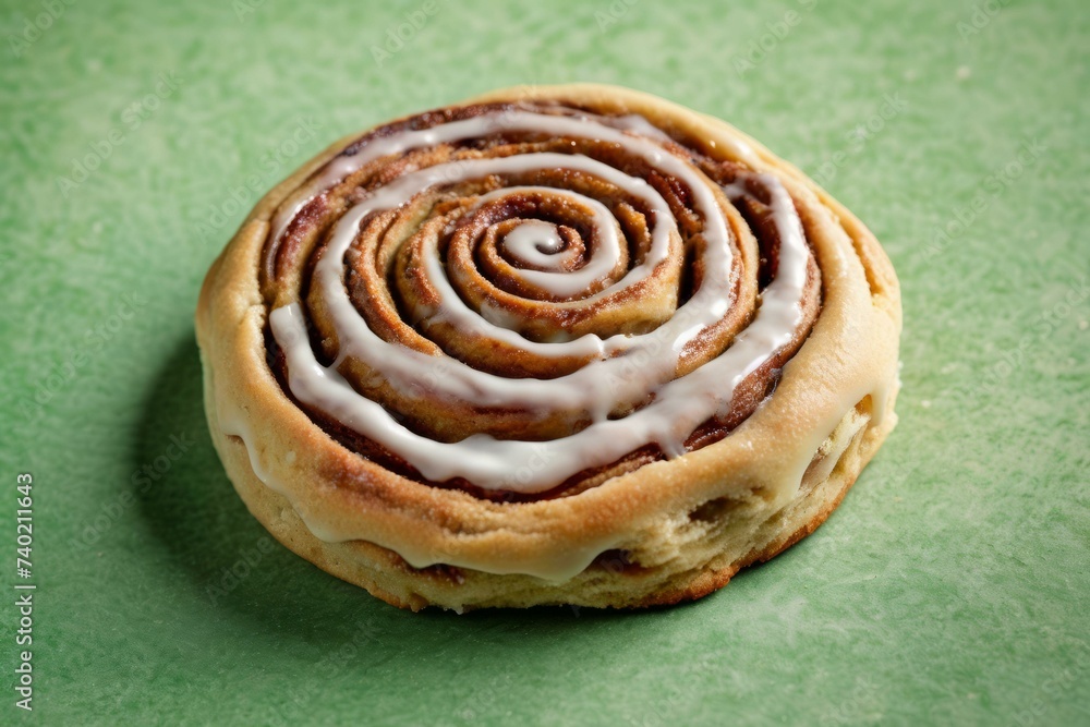 Fototapeta premium Classic Cinnamon Roll with White Icing on Green Background