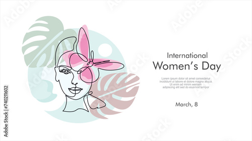 International women's day greeting card. Woman face with butterfly in one continuous line drawing. Abstract female portrait in simple linear style. Doodle Vector illustration for 8 march