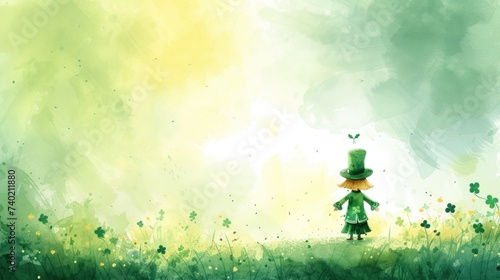This is an enchanting, digital art illustration portraying a small child wearing a large hat and dressed in green, facing away from the viewer, and standing in the middle of a lush, green meadow fille