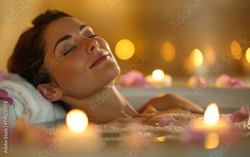 Young woman relaxing in bathtub with candles in spa salon
