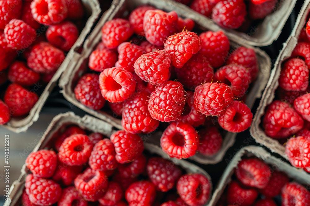 Fresh organic raspberries in eco cardboard boxes at the grocery store. Top view. Close up Fresh organic raspberries in eco cardboard boxes at the grocery store. Top view. Close up