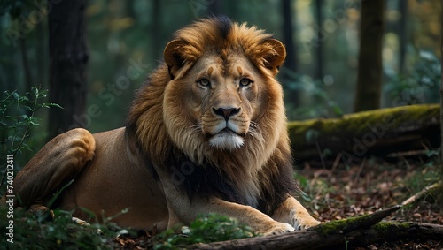 A lion is sitting in the forest and taking a sharp look