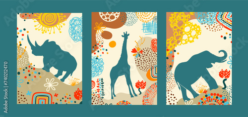 Abstract vector African backgrounds with animals. Flat style modern vertical illustrations in muted pastel colors, poster for interior design, social media, postcards. Vector illustration
