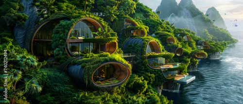 Futuristic eco villages with self sustaining homes green technology photo