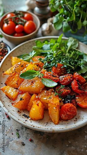 Plant-Based Cuisine  Baked sweet potstoes with cherry tomatoes and greens.