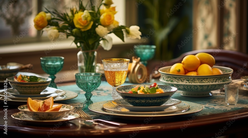 Table Set With Plates and Bowls of Food Table Set With Plates and Bowls of Food