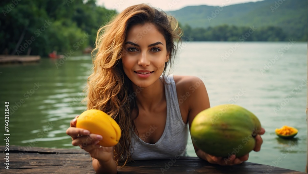 beautiful Attractive woman enjoying mango at lake water beautiful Attractive woman enjoying mango at lake water