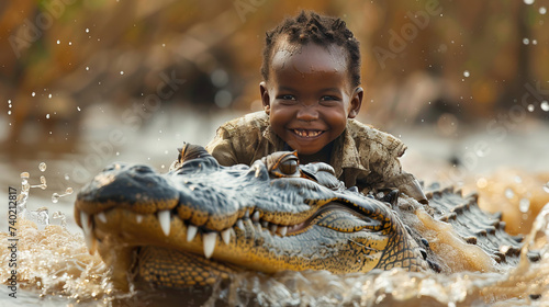 Happy boy riding in the back of a crocodile. © Bargais