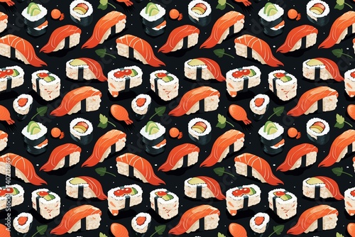 Assorted sushi and sashimi delicacies seamless pattern on a dark background