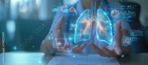 In the image, the hands of a person are outstretched towards a high-tech holographic image of human lungs that appears to float in mid-air, surrounded by various medical icons and graphs indicating he