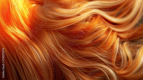 This high-resolution image showcases a close-up view of flowing red hair with rich, fiery hues that intricately blend shades of auburn, amber, and golden tones. The strands are wavy and appear soft an