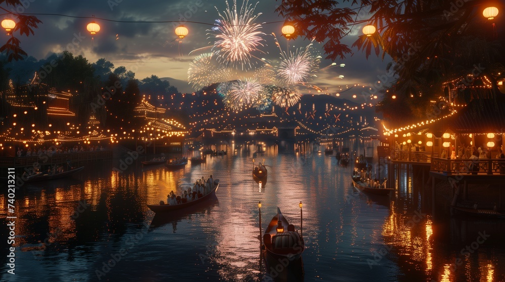 Along a winding river, boats adorned with festive lights drift lazily on the water, their reflections dancing in rhythm with the shimmering fireworks above.