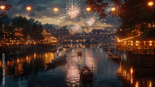 Along a winding river, boats adorned with festive lights drift lazily on the water, their reflections dancing in rhythm with the shimmering fireworks above.
