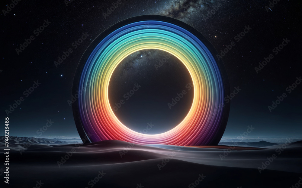 Abstract image of a multicolor ring that illuminates a calm and dark landscape under a starry sky Abstract image of a multicolor ring that illuminates a calm and dark landscape under a starry sky