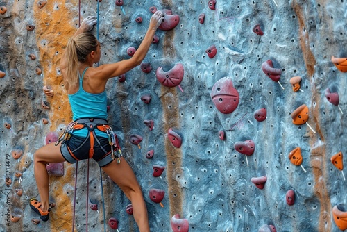 Beautiful young woman doing climbing.